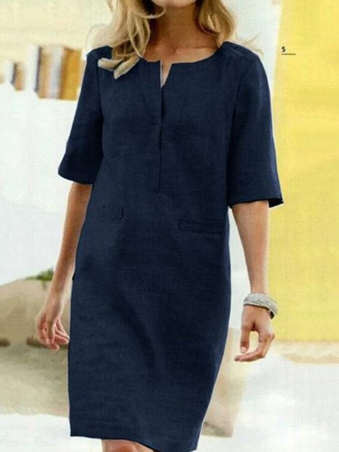 Vestido Midi Casual de Manga Tres Cuartos Mujer Bolsillos