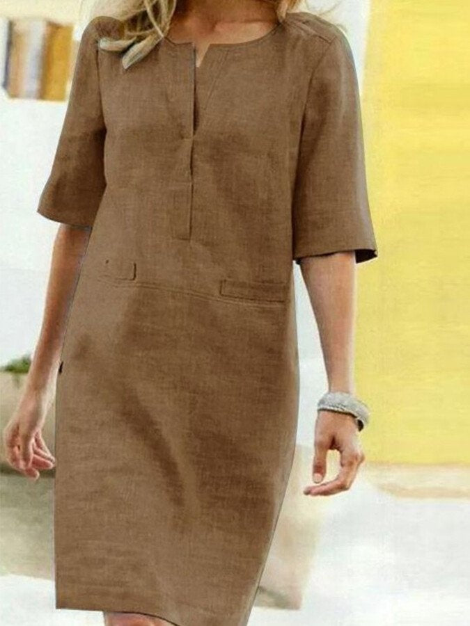 Vestido Midi Casual de Manga Tres Cuartos Mujer Bolsillos