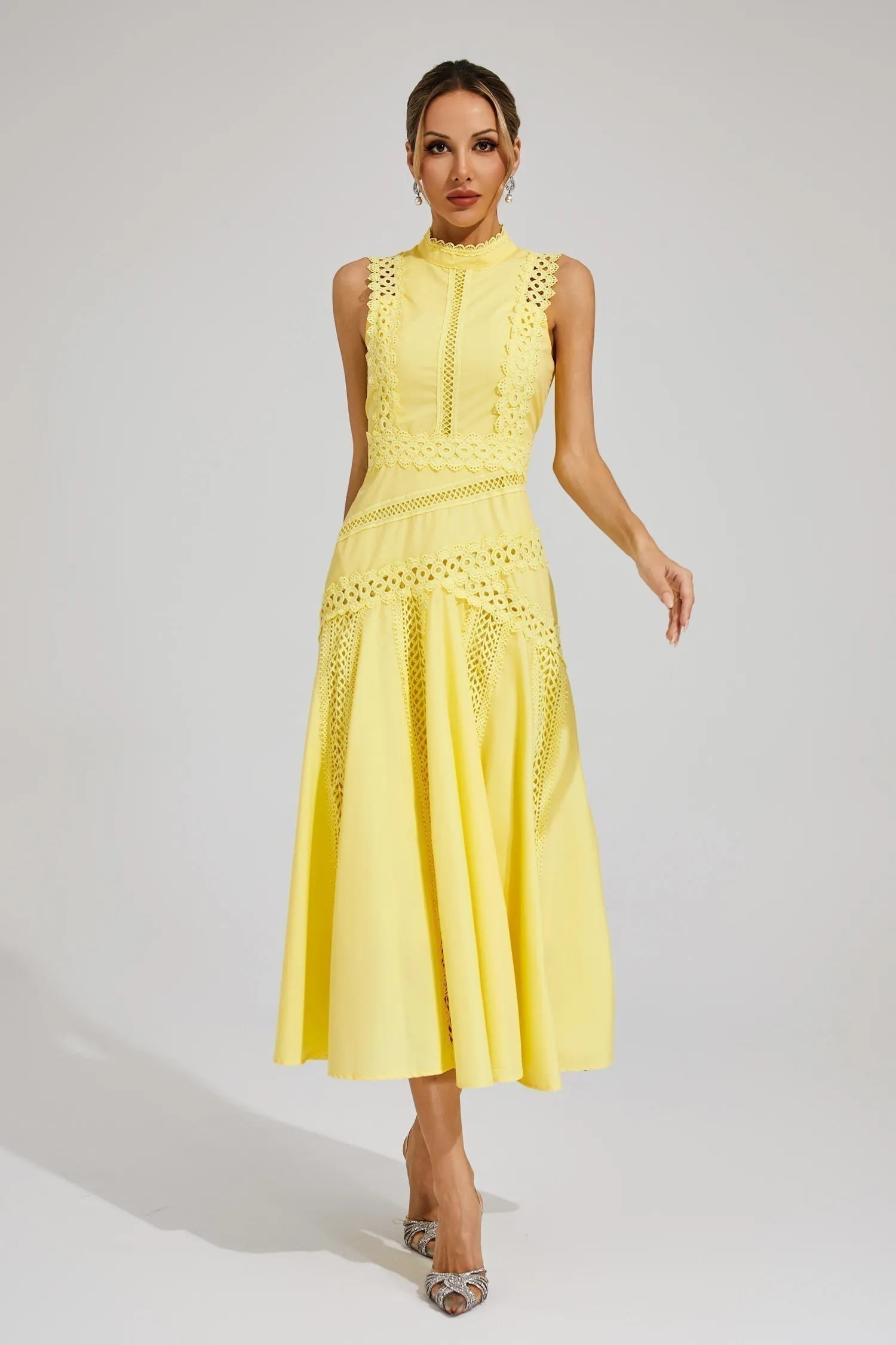 Vestido Midi de Encaje Mujer Cuello Alto Sin Mangas