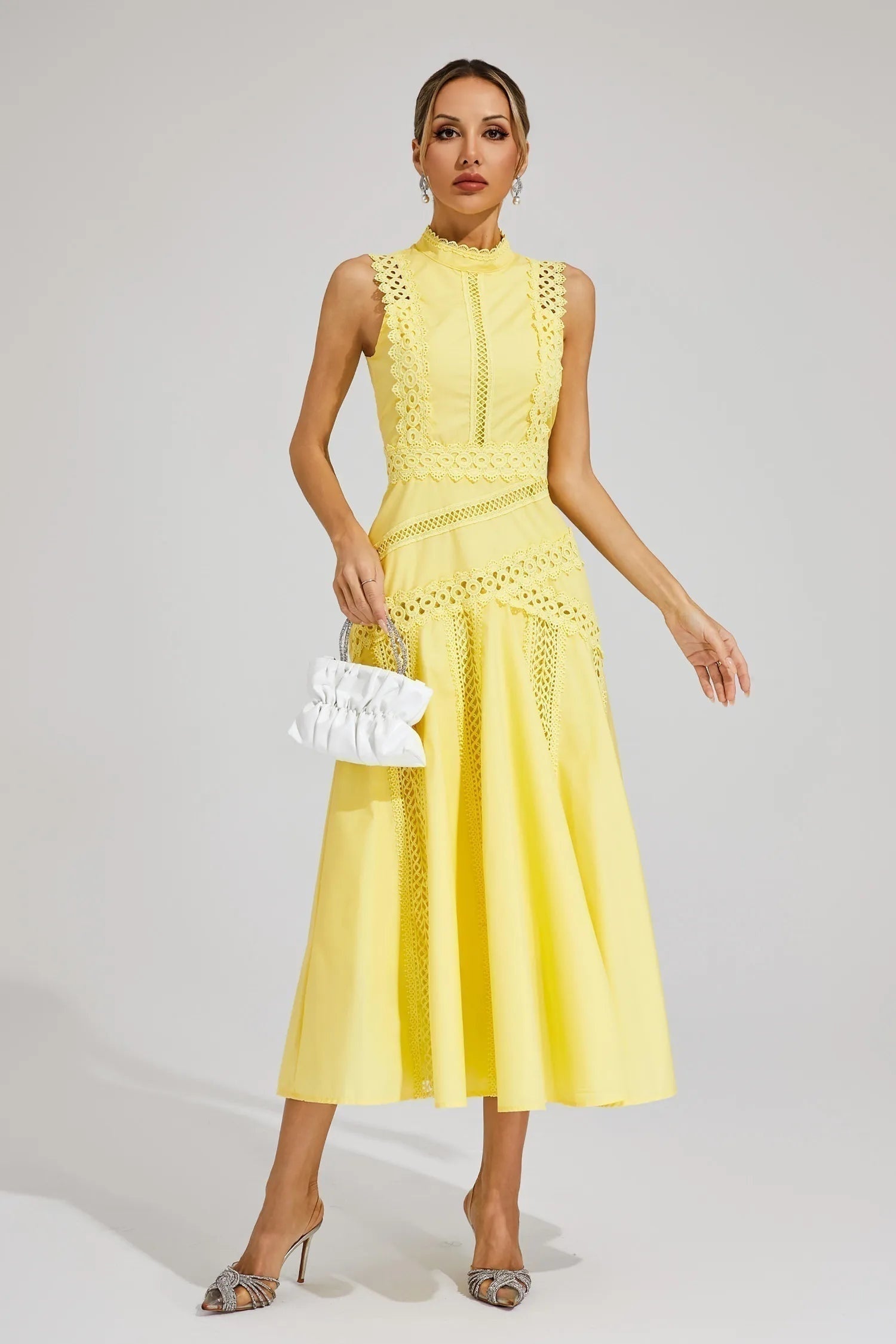 Vestido Midi de Encaje Mujer Cuello Alto Sin Mangas