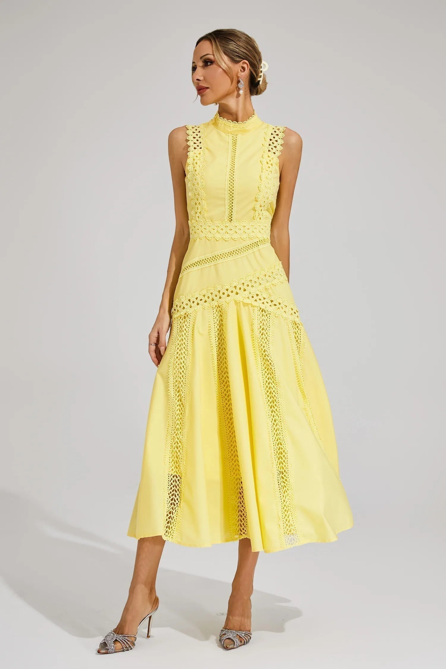 Vestido Midi de Encaje Mujer Cuello Alto Sin Mangas