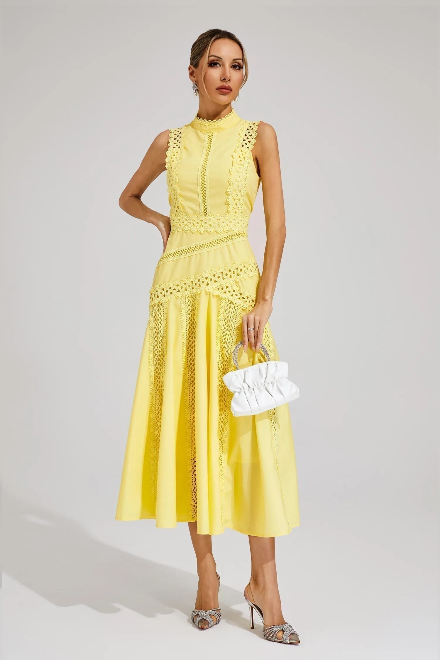 Vestido Midi de Encaje Mujer Cuello Alto Sin Mangas