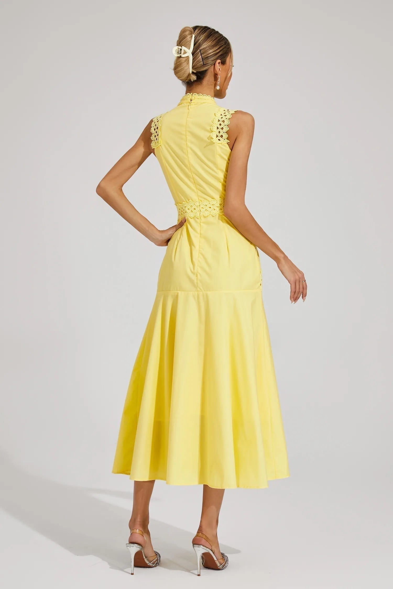 Vestido Midi de Encaje Mujer Cuello Alto Sin Mangas