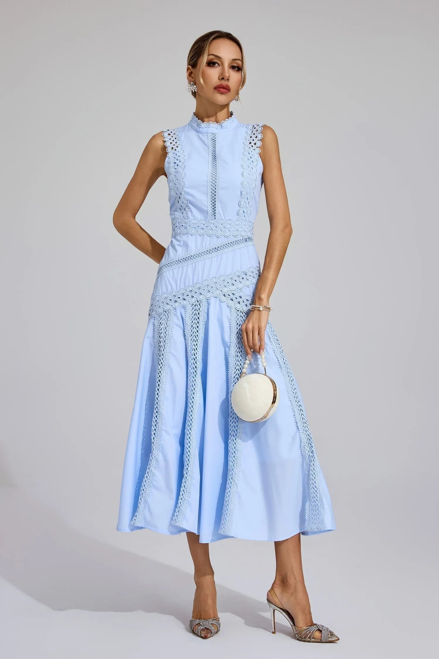 Vestido Midi de Encaje Mujer Cuello Alto Sin Mangas