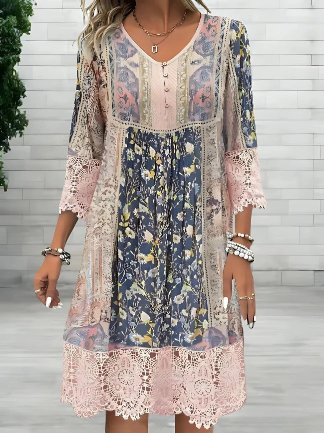 Vestido Midi de Invitada de Boda Estampado Boho Mujer Encaje