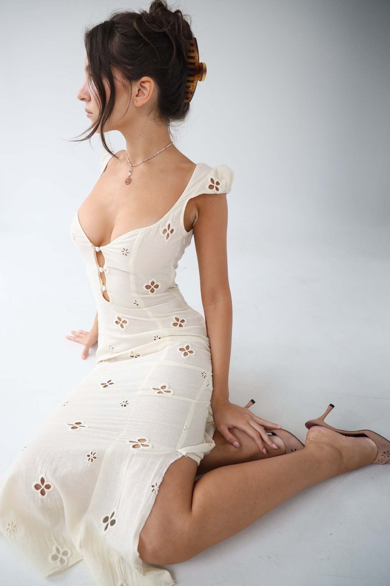 Vestido Midi de Invitada de Boda Mujer Bordado Calado