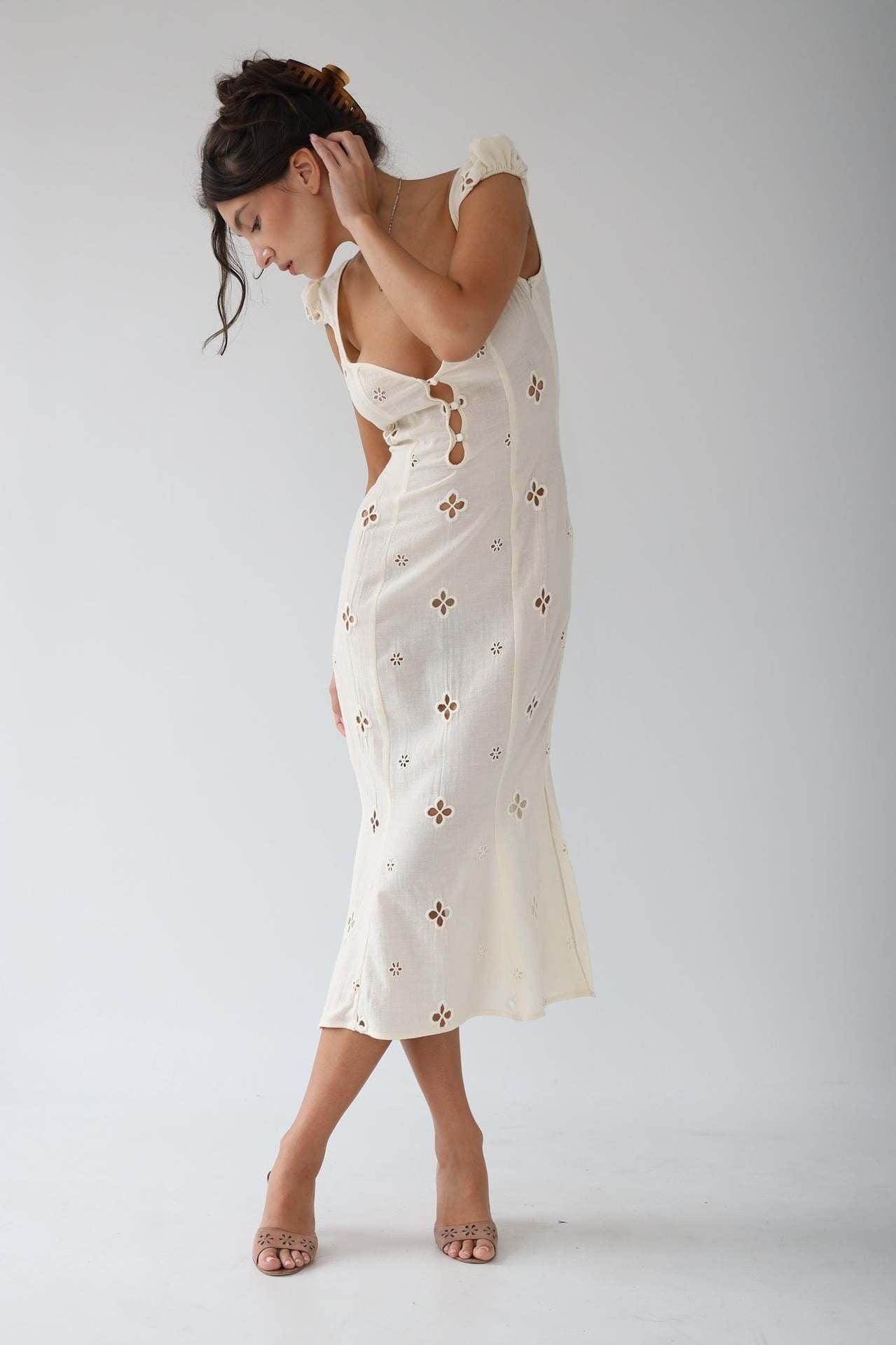 Vestido Midi de Invitada de Boda Mujer Bordado Calado