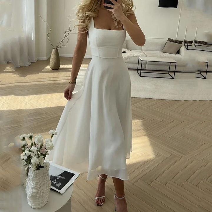 Vestido Midi de Invitada de Boda Mujer Escote Cuadrado