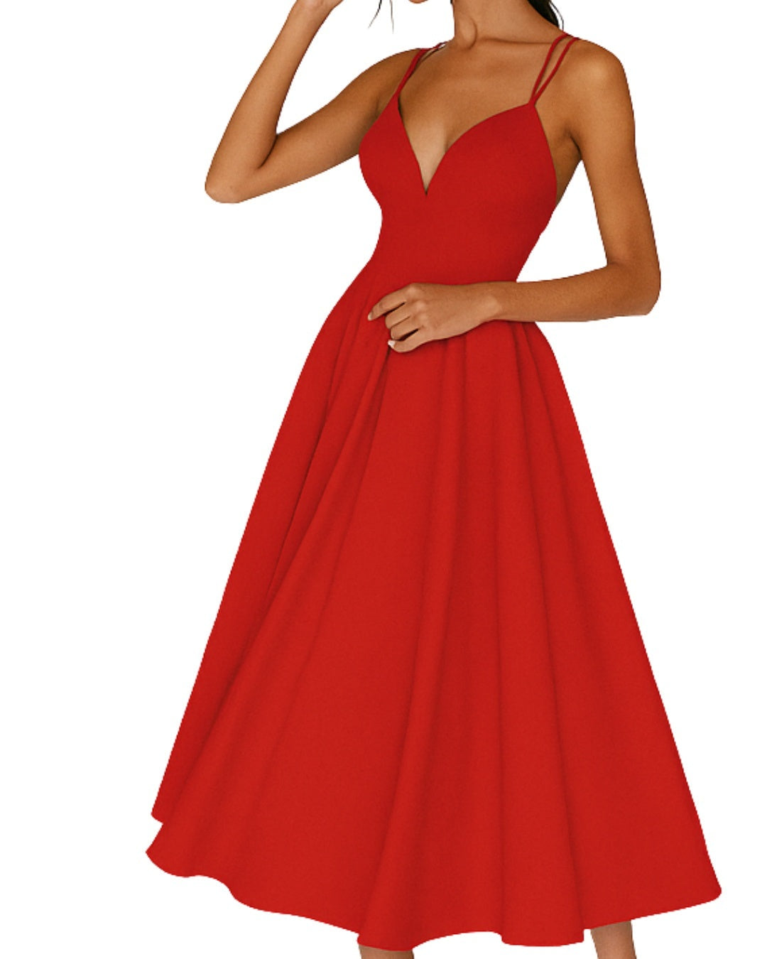 Vestido Midi de Invitada de Boda Mujer Escote V Tirantes