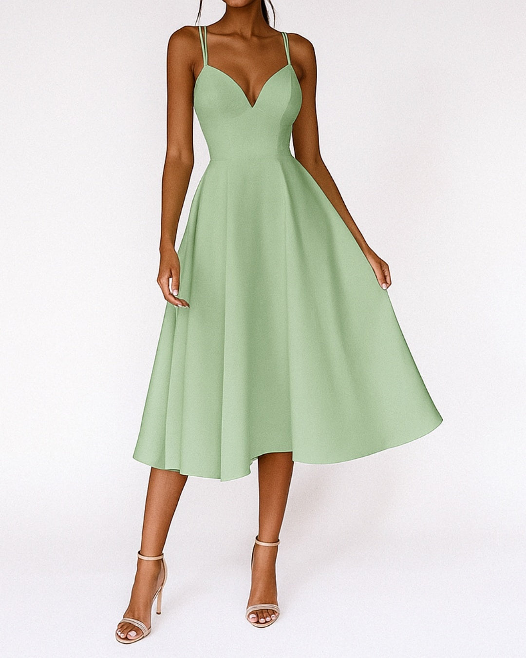Vestido Midi de Invitada de Boda Mujer Escote V Tirantes