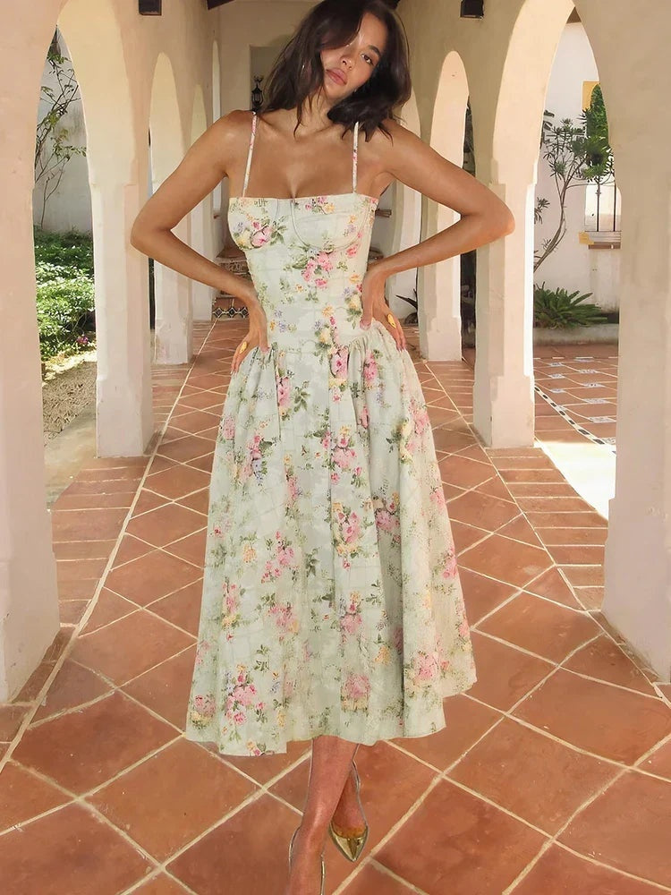 Vestido Midi de Invitada de Boda Mujer Estampado Floral Tirantes