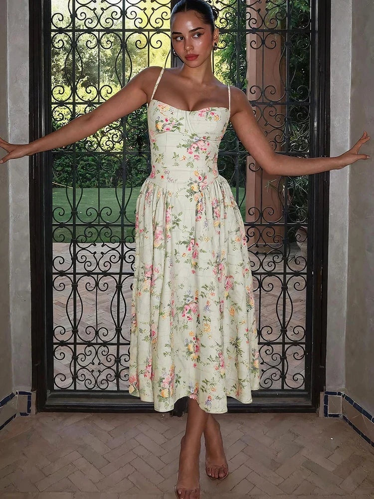 Vestido Midi de Invitada de Boda Mujer Estampado Floral Tirantes