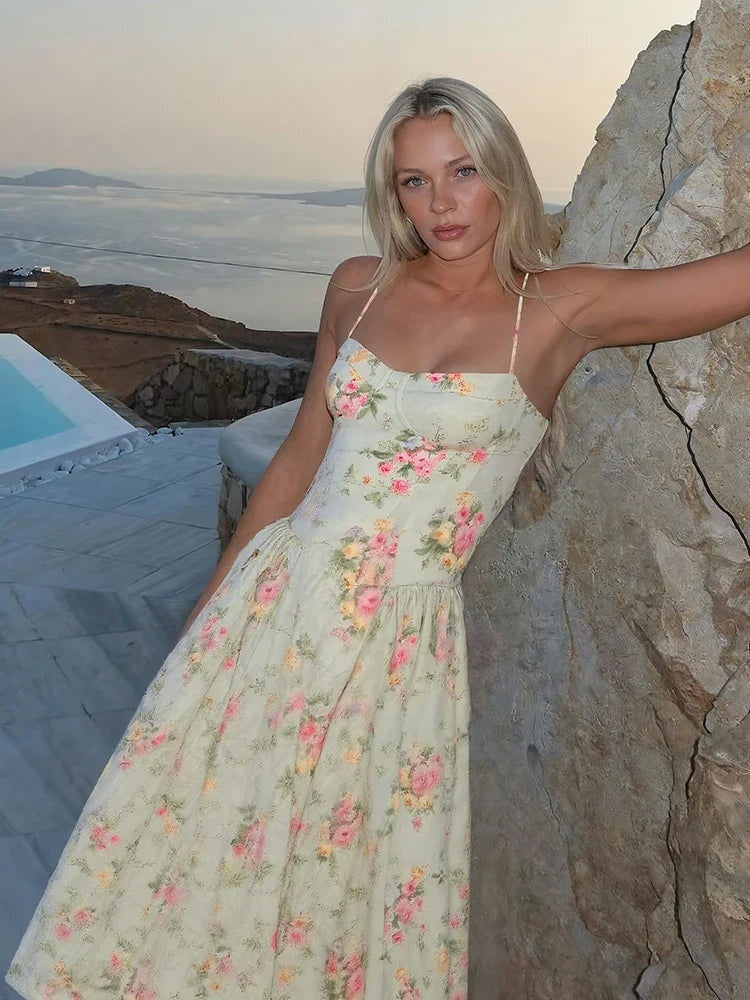 Vestido Midi de Invitada de Boda Mujer Estampado Floral Tirantes