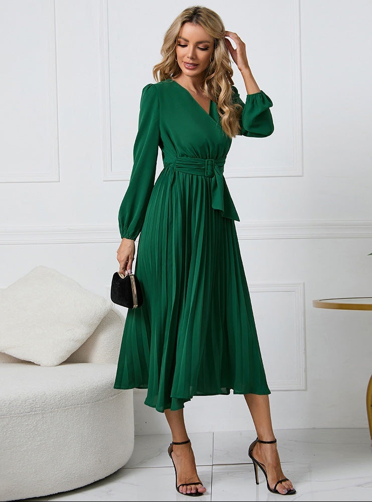 Vestido Midi de Invitada de Boda Mujer Manga Larga Plisado
