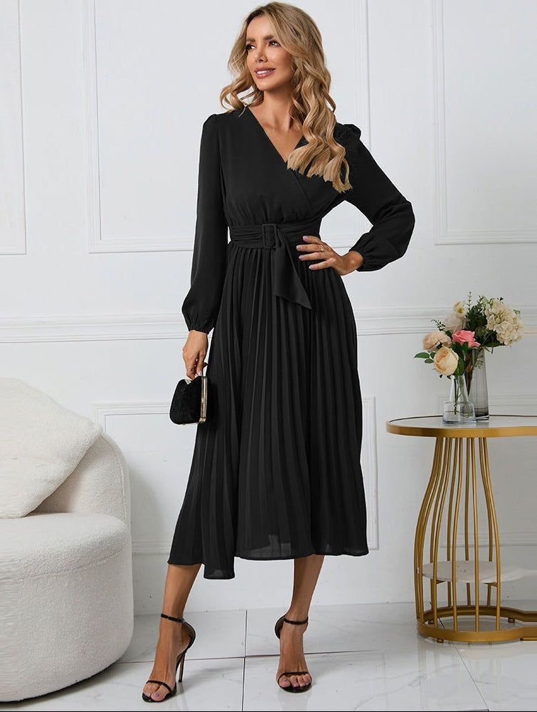 Vestido Midi de Invitada de Boda Mujer Manga Larga Plisado