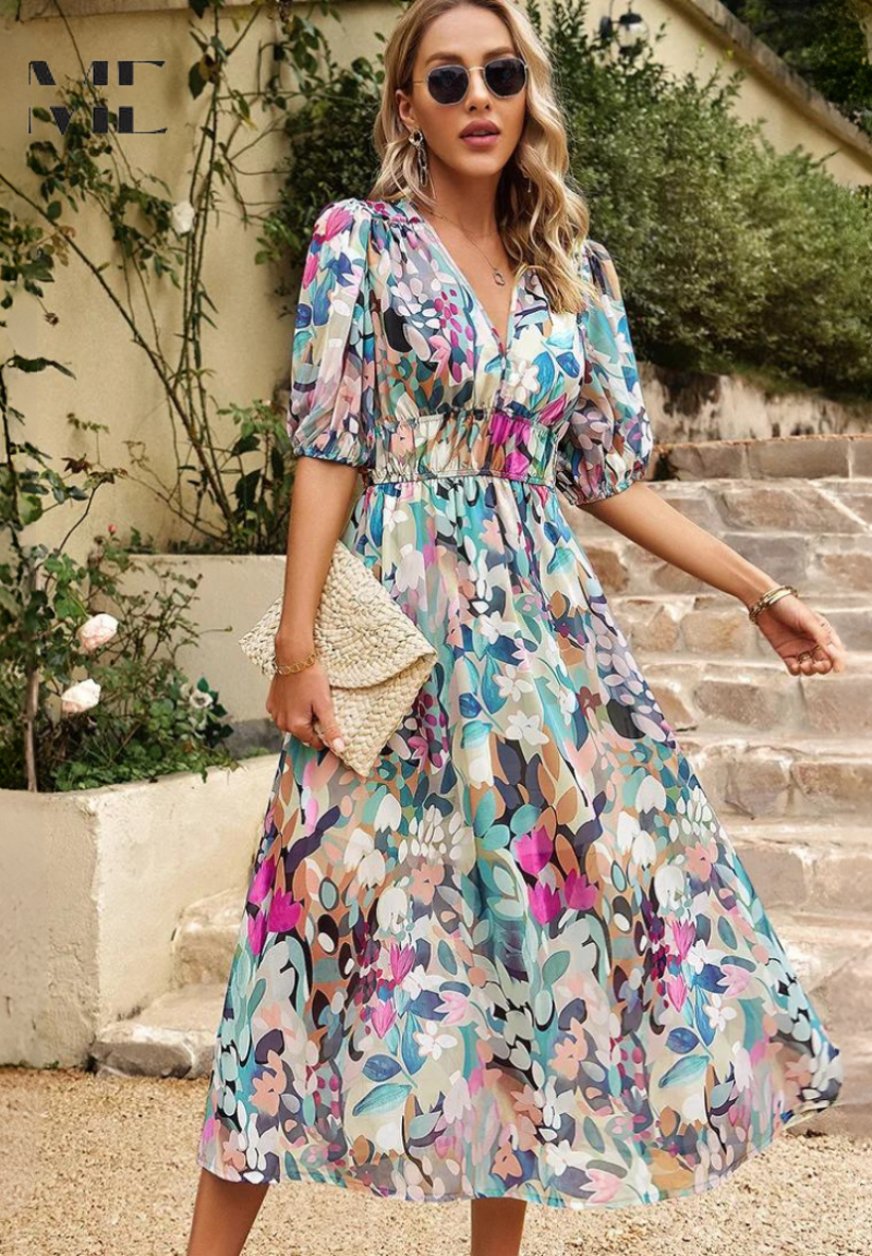 Vestido Midi de Invitada Estampado Floral Mujer Escote V