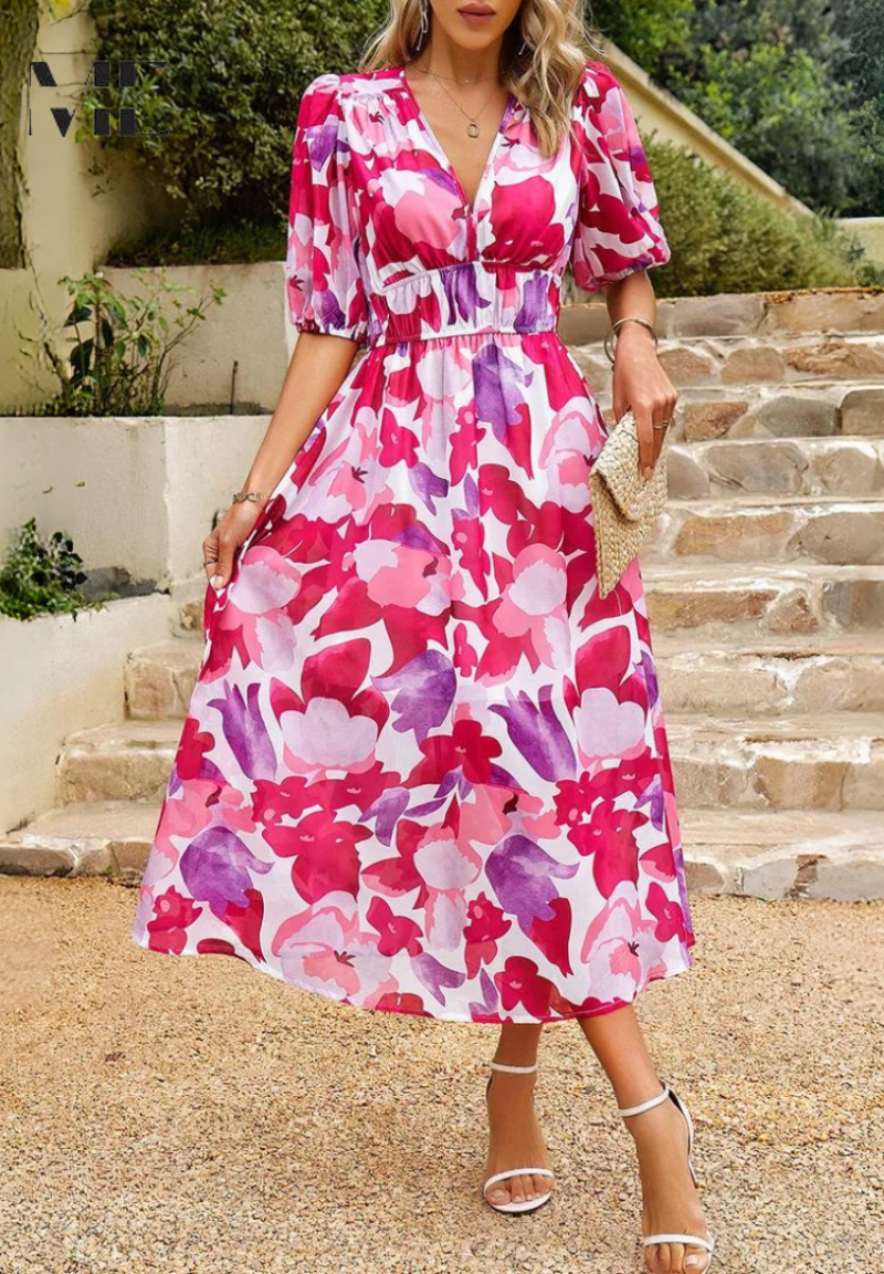 Vestido Midi de Invitada Estampado Floral Mujer Escote V