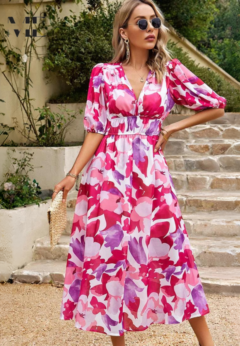 Vestido Midi de Invitada Estampado Floral Mujer Escote V