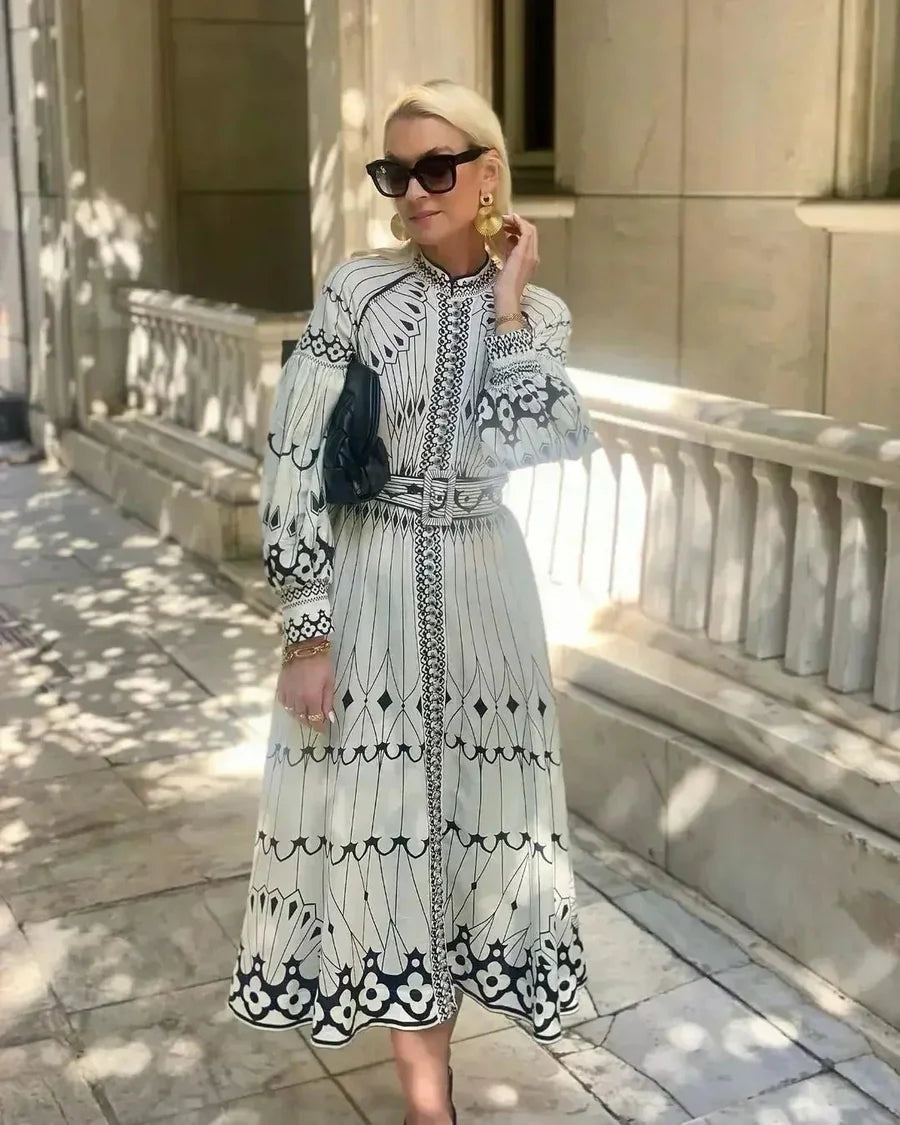 Vestido Midi de Invitada Estampado Geométrico Mujer Manga Larga