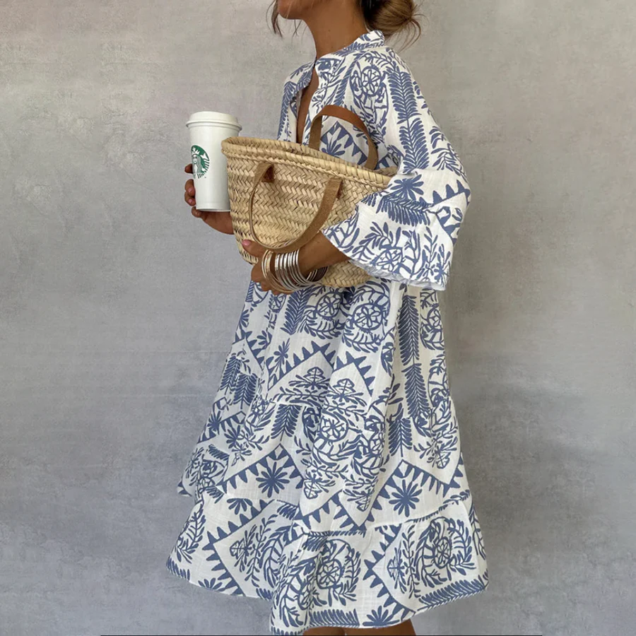 Vestido Midi de Invitada Estampado Geométrico Mujer Manga Larga