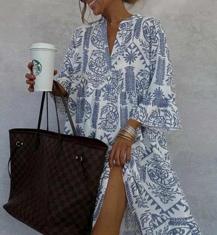 Vestido Midi de Invitada Estampado Geométrico Mujer Manga Larga