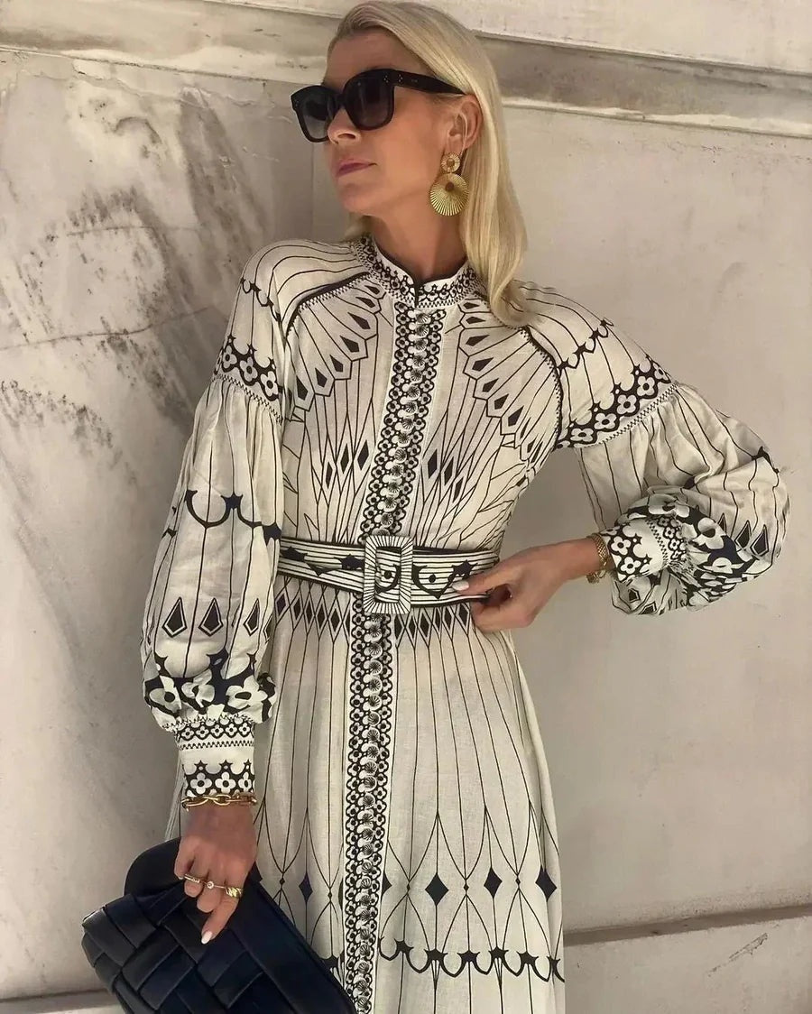Vestido Midi de Invitada Estampado Geométrico Mujer Manga Larga