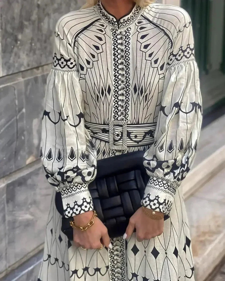 Vestido Midi de Invitada Estampado Geométrico Mujer Manga Larga