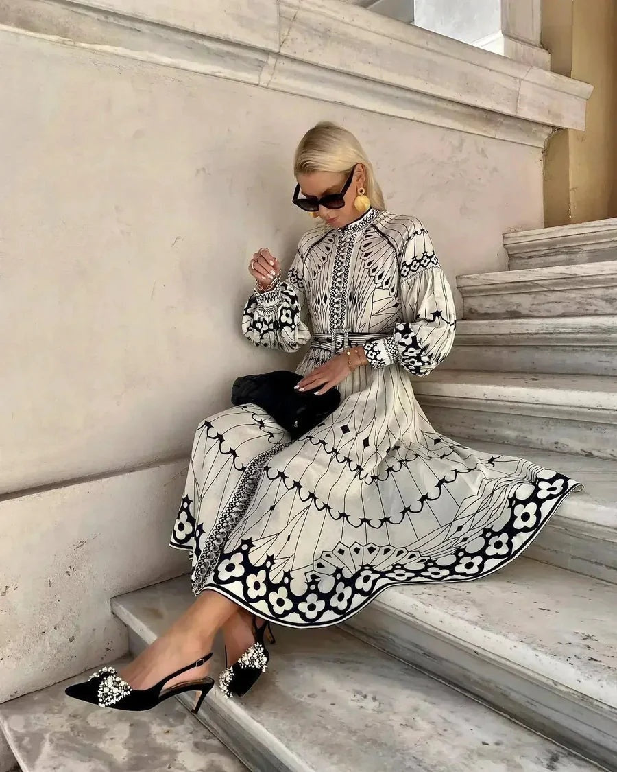 Vestido Midi de Invitada Estampado Geométrico Mujer Manga Larga