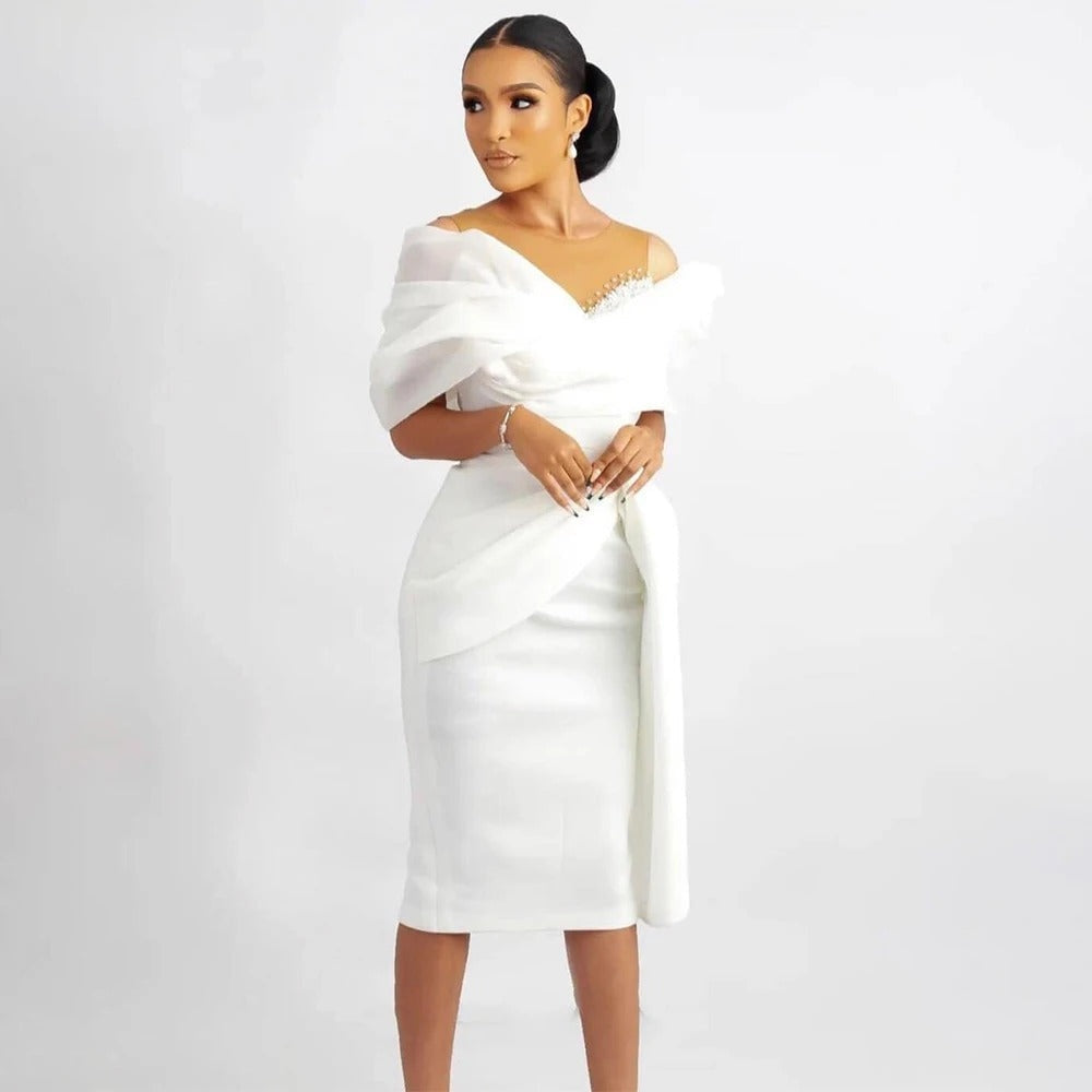 Vestido Midi de Novia Civil Mujer Hombros Descubiertos