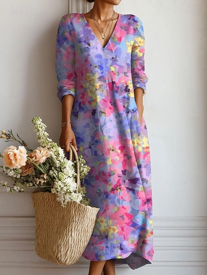 Vestido Midi de Punto Estampado Floral Mujer Escote V
