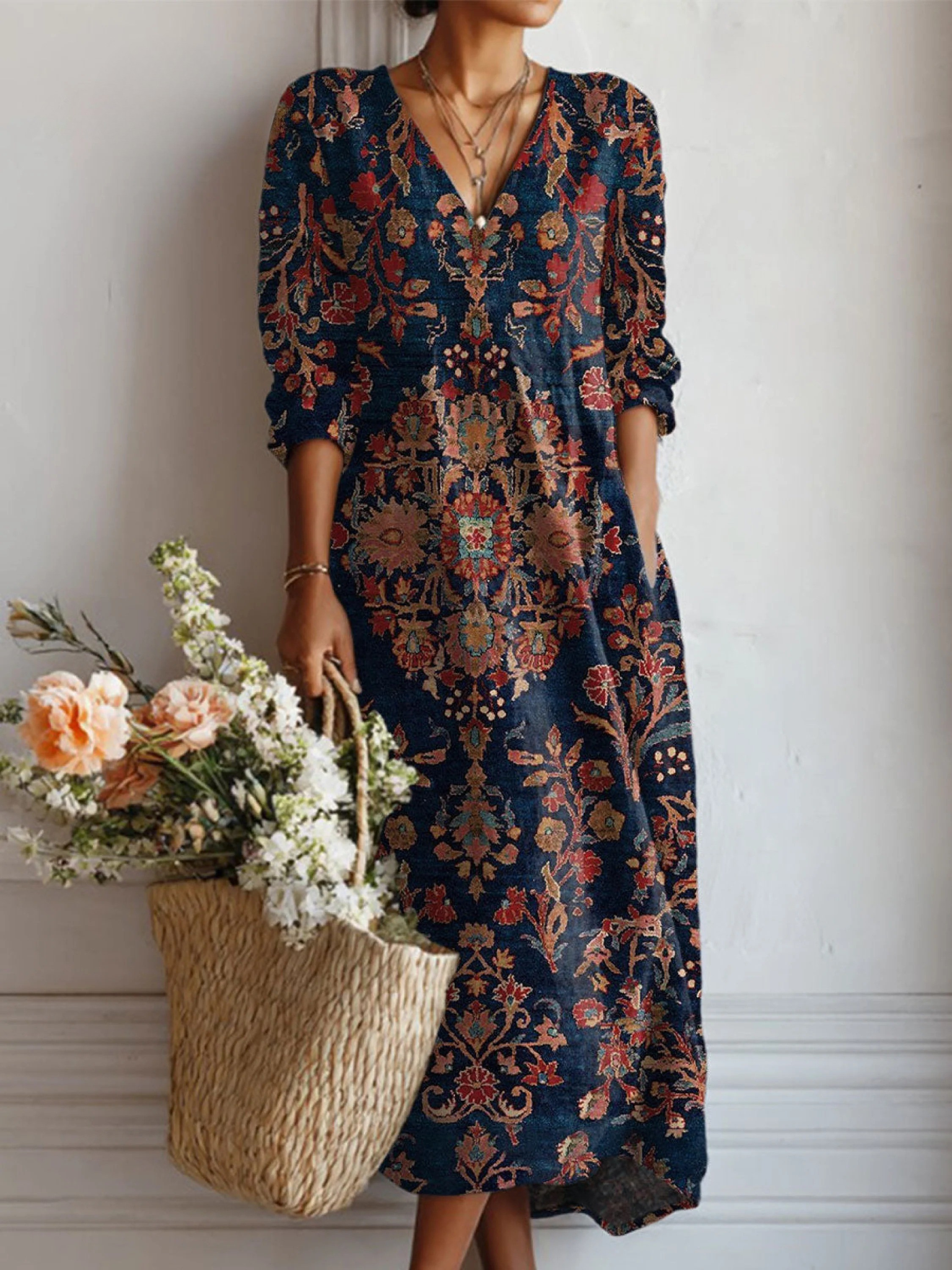 Vestido Midi de Punto Estampado Floral Mujer Escote V