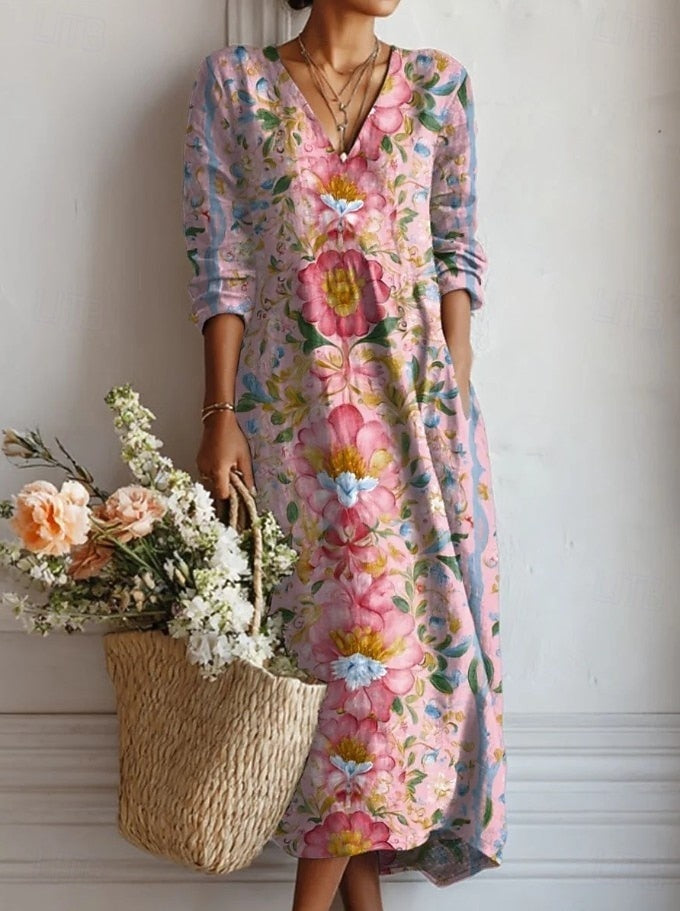 Vestido Midi de Punto Estampado Floral Mujer Escote V