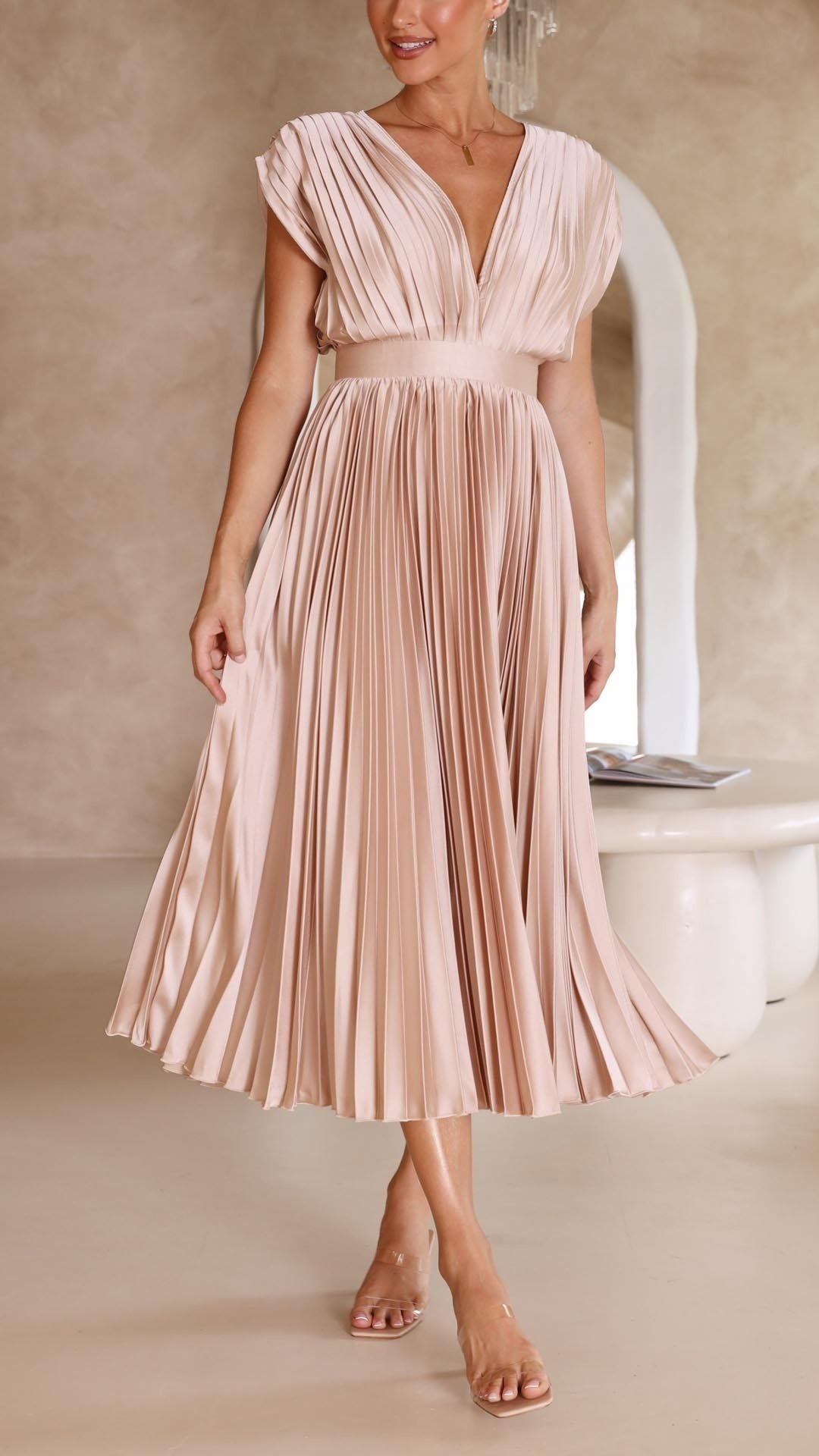 Vestido Midi Plisado Mujer Escote V Cinturón