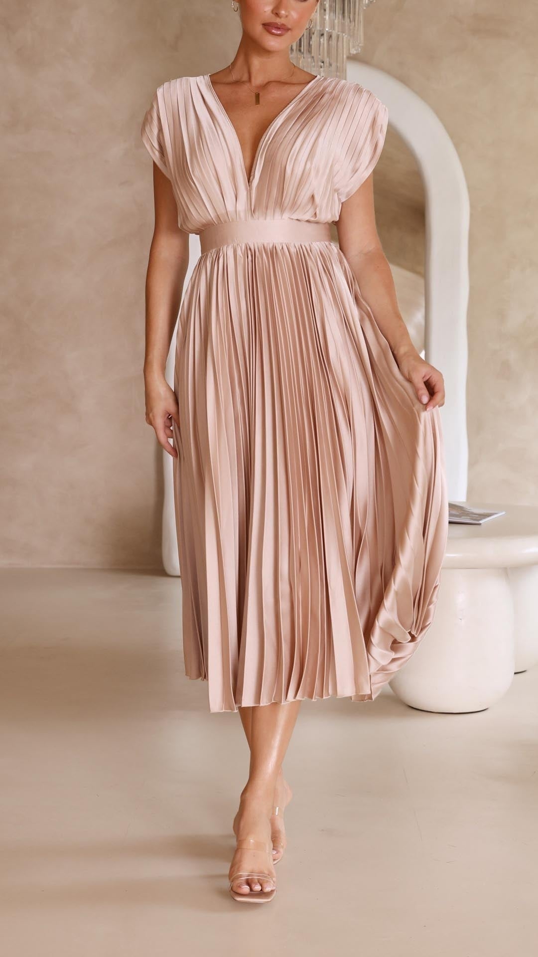 Vestido Midi Plisado Mujer Escote V Cinturón