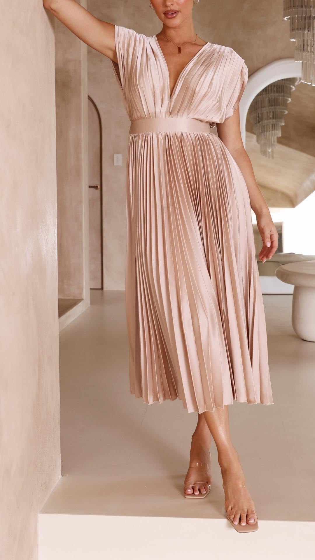 Vestido Midi Plisado Mujer Escote V Cinturón