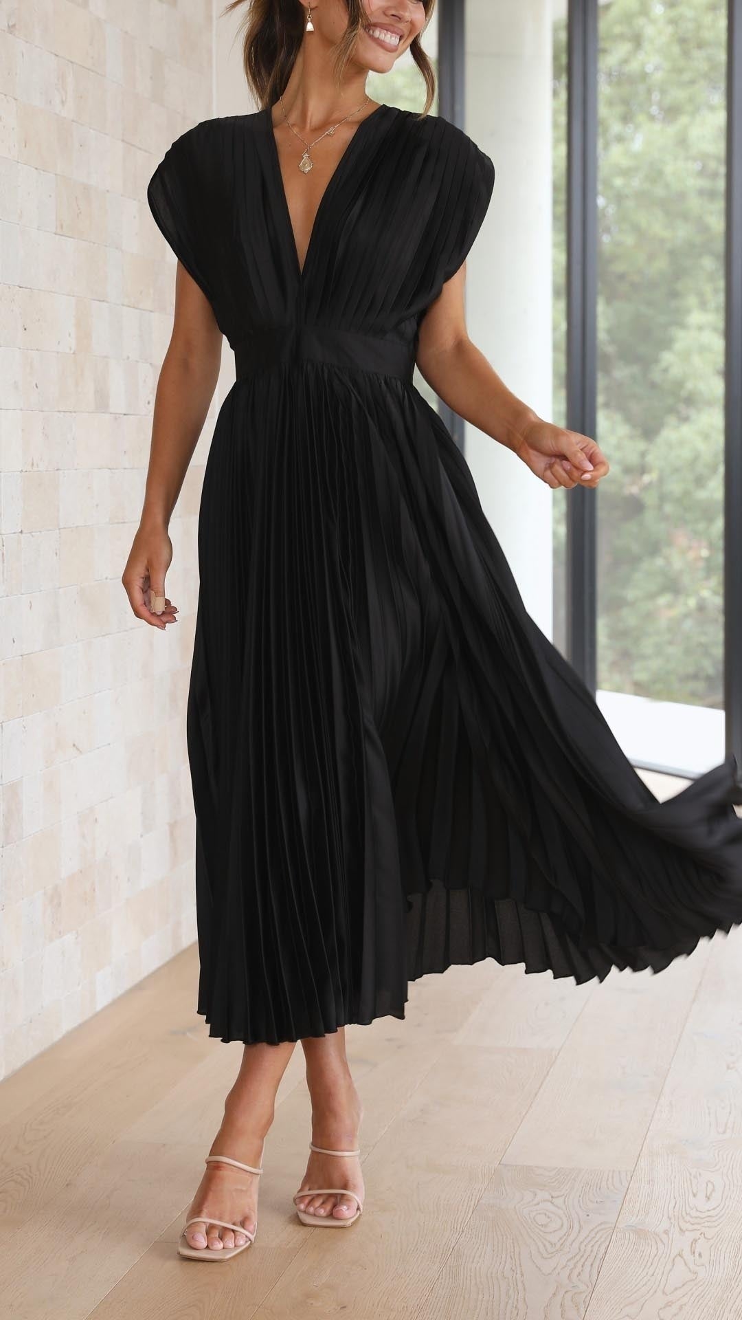 Vestido Midi Plisado Mujer Escote V Cinturón