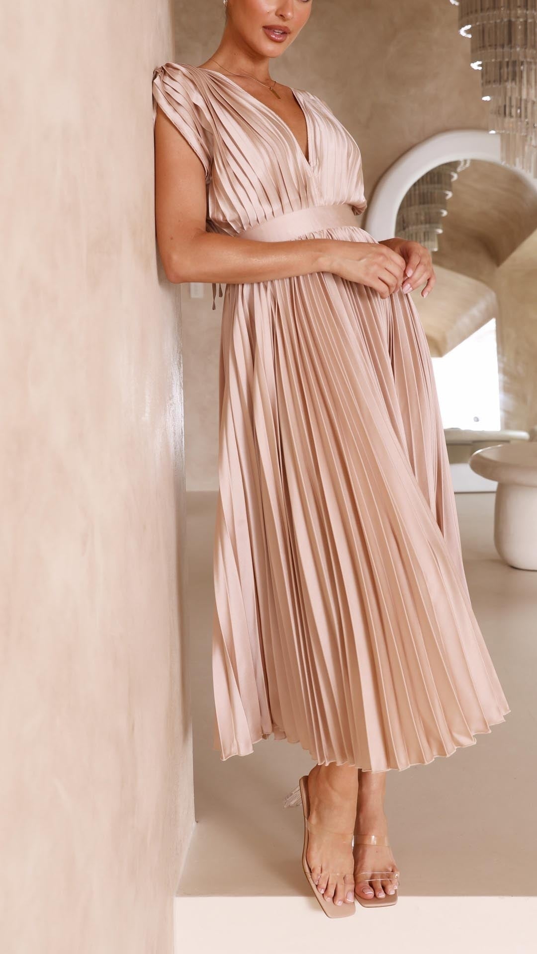Vestido Midi Plisado Mujer Escote V Cinturón