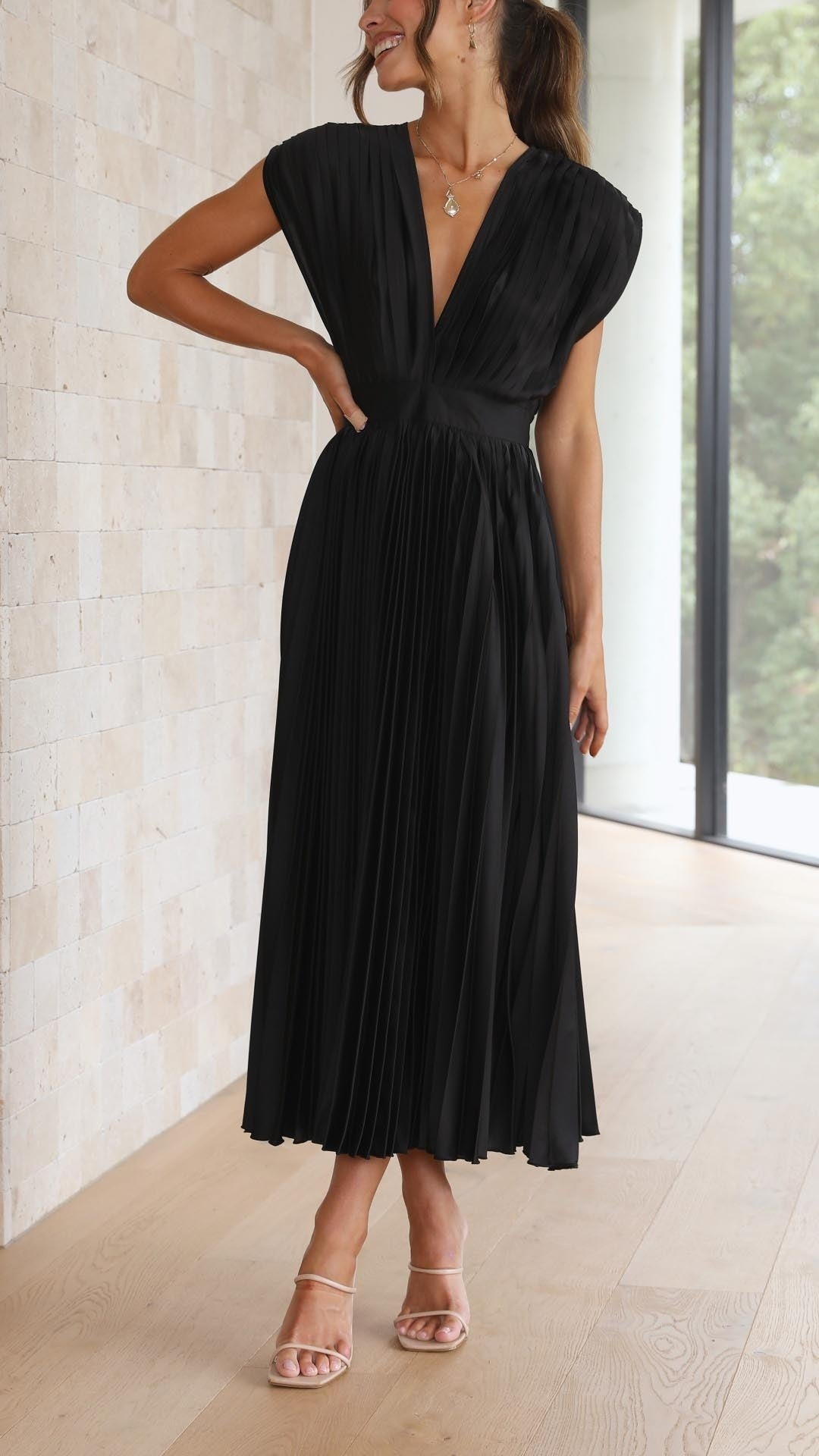 Vestido Midi Plisado Mujer Escote V Cinturón