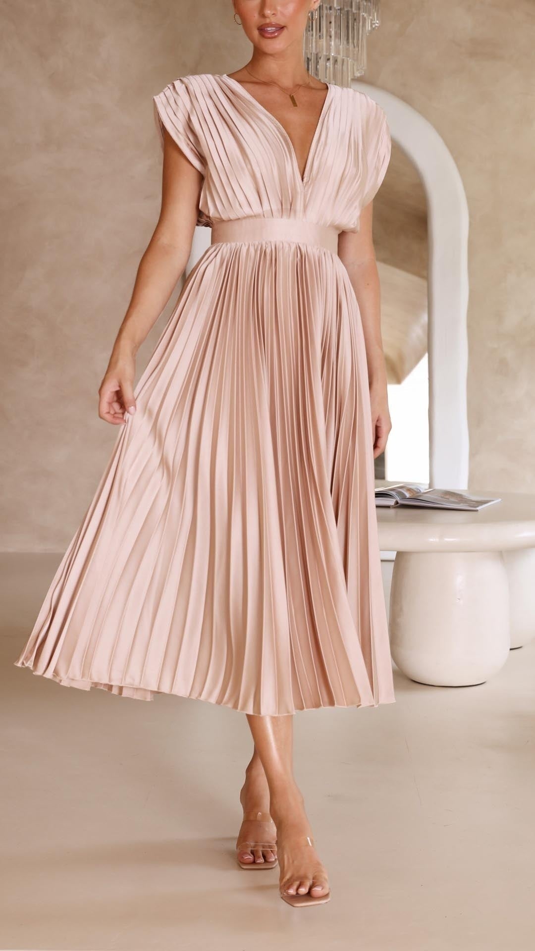 Vestido Midi Plisado Mujer Escote V Cinturón
